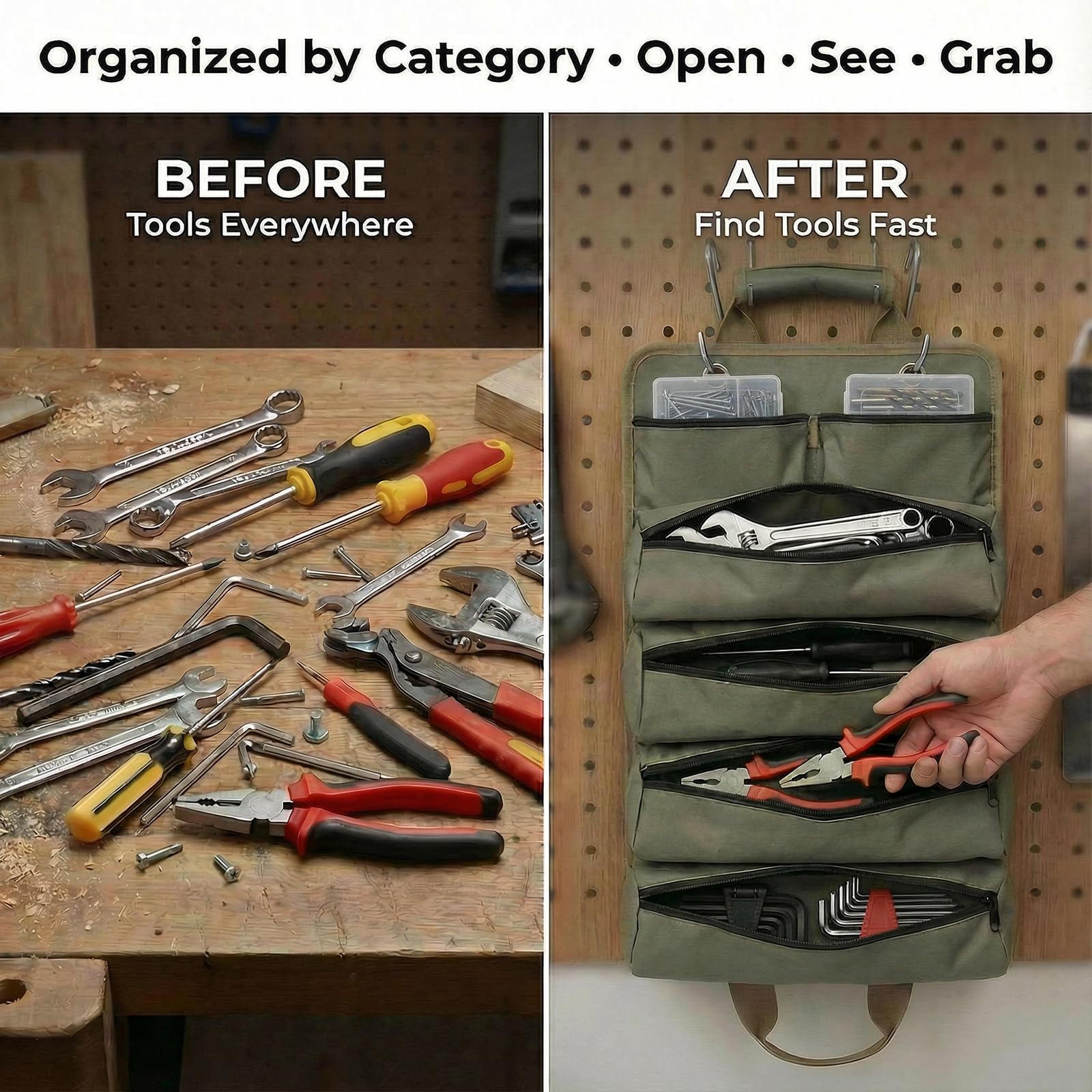 Yobobo tool bag filled with screwdrivers and wrenches organized.