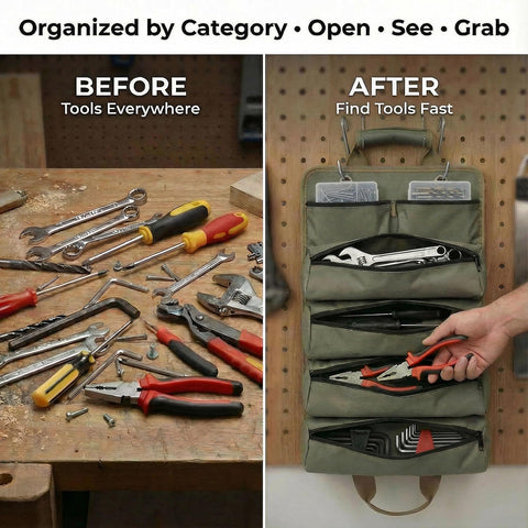 Yobobo tool bag filled with screwdrivers and wrenches organized.
