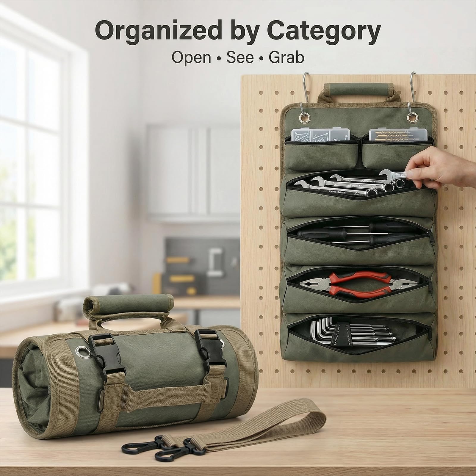 Yobobo tool bag hanging on a pegboard for easy reach.