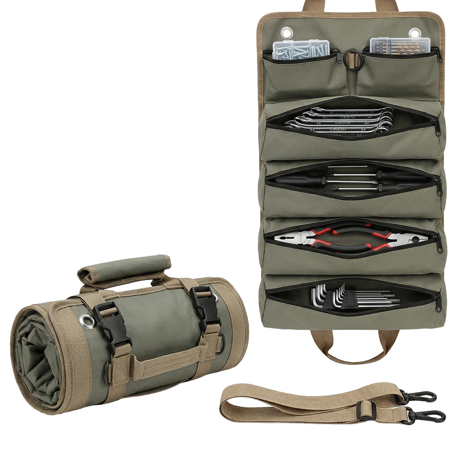 Yobobo tool bag open to reveal six pockets for fast tool access.