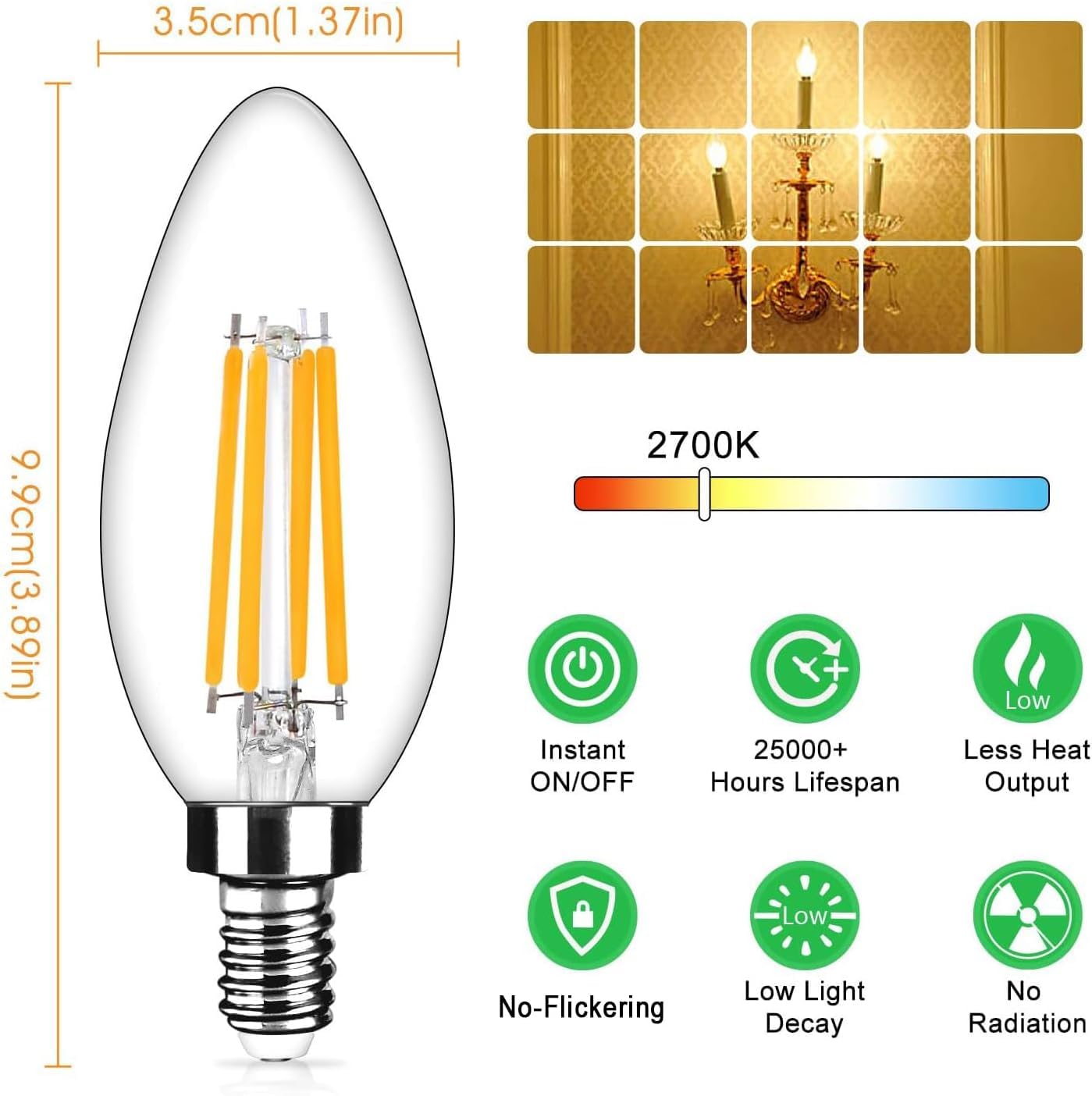 Yochoice 360-degree beam LED candle bulbs for even room illumination.