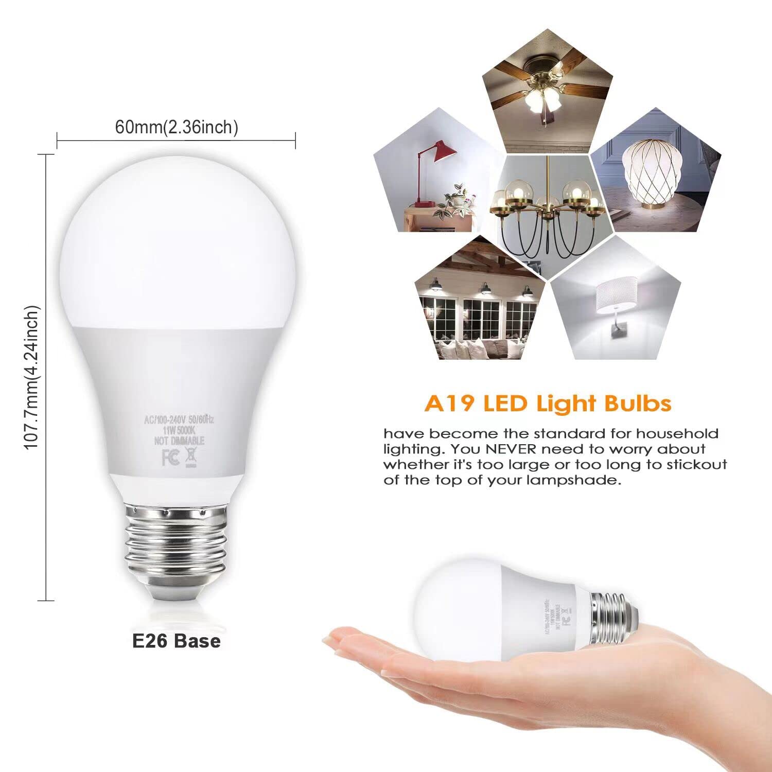 Yochoice A19 LED bulbs with E26 base installed in a standard fixture
