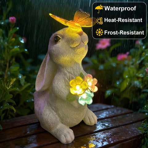 YODY rabbit statue at night glows softly for cozy garden ambience