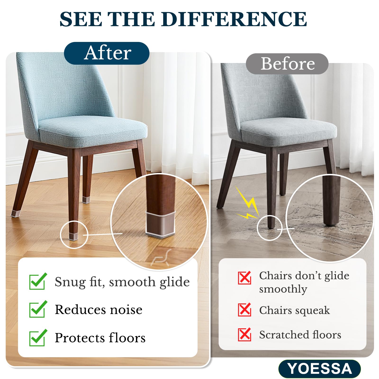 YOESSA clear silicone chair leg caps provide quiet, smooth glides