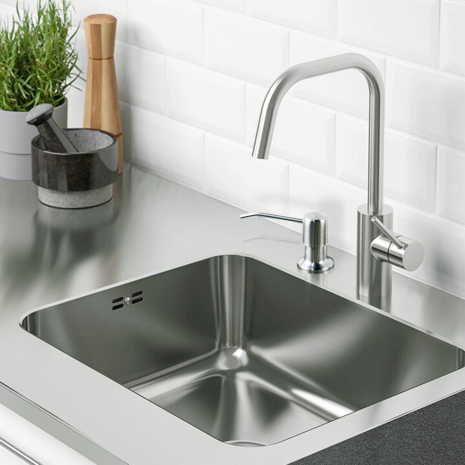 YOFOCOO brushed-nickel dispenser top view, sleek profile for countertop setup.