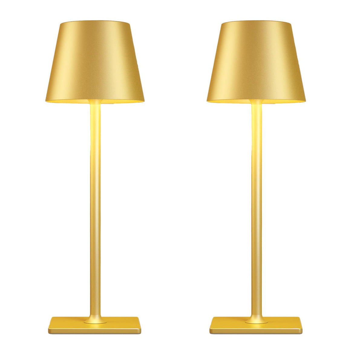 Yogaret 2-pack gold rechargeable table lamps on dining table for cordless dining ambiance.
