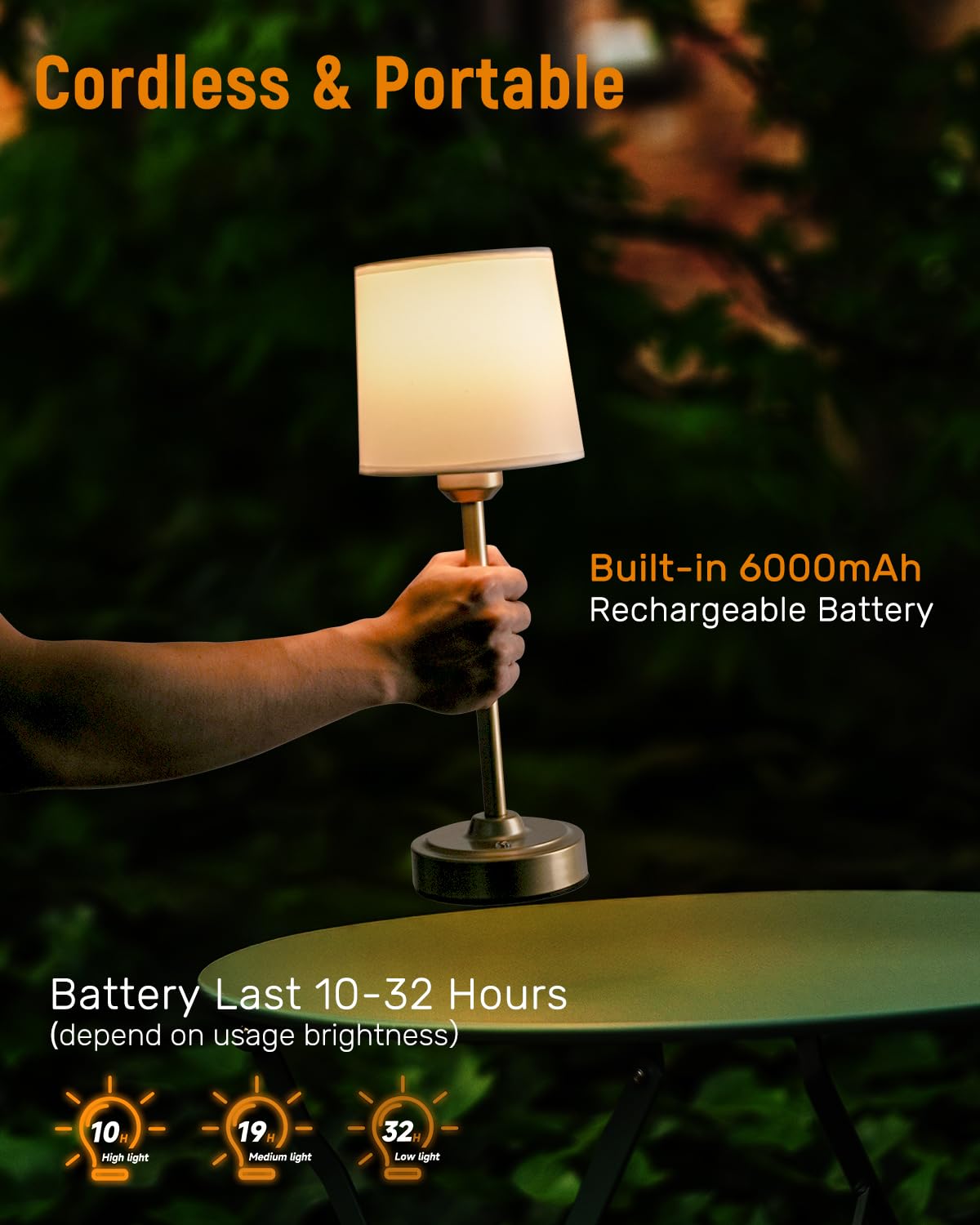 Yogaret gold LED cordless table lamp, illuminated close-up, dimmable brightness for cozy tasks.