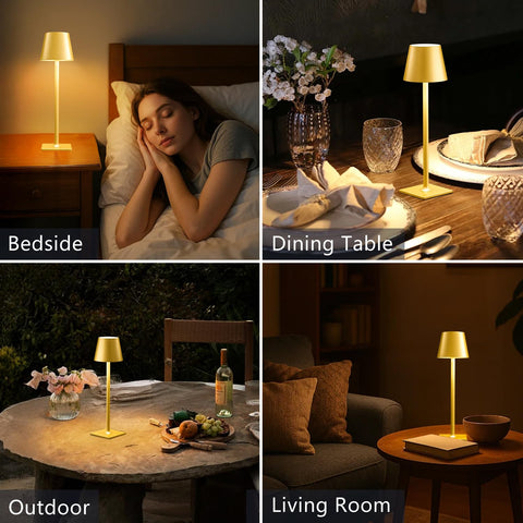 Yogaret wireless dining table lamps illuminate a table outdoors for relaxed meals.