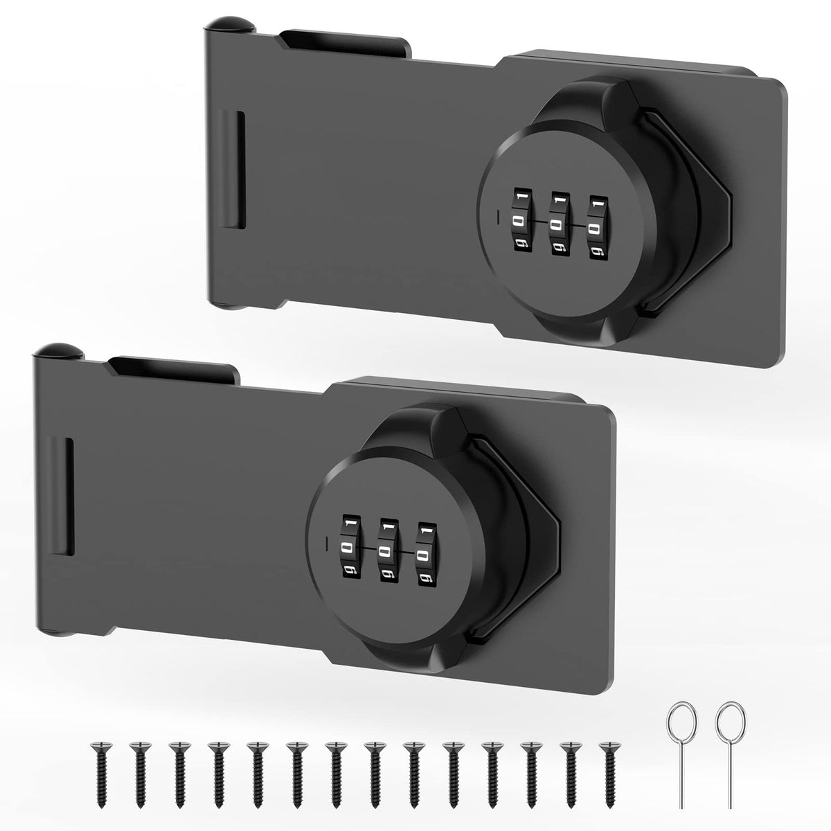 YogePote mechanical password rotary hasp lock on barn door for secure closure.