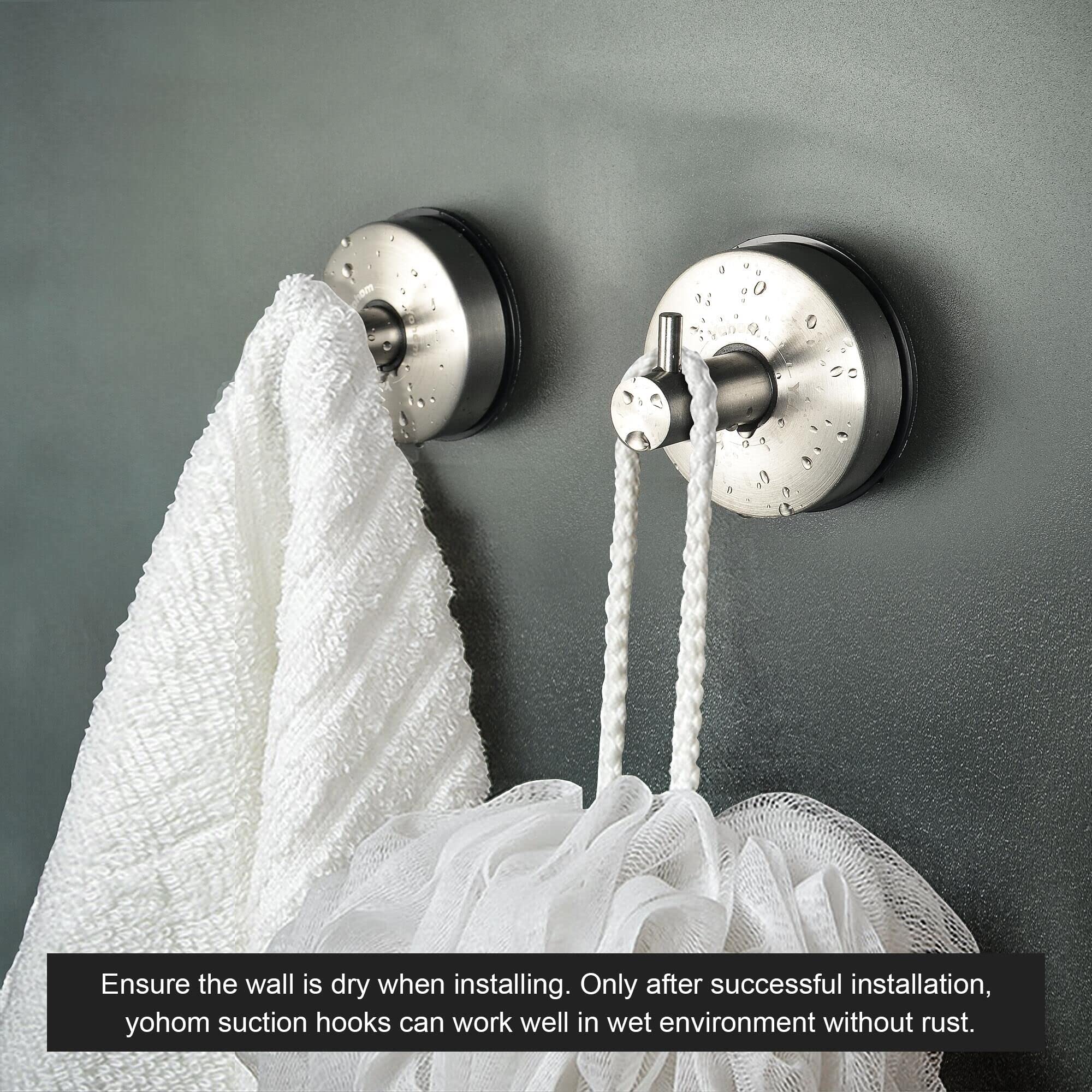 YOHOM brushed finish loofah hook organizes bath tools after use.