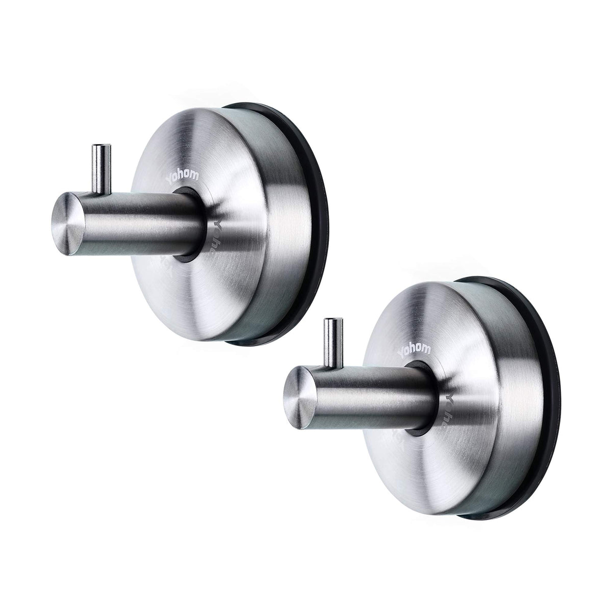 YOHOM stainless steel towel rack with vacuum suction on glass surface.
