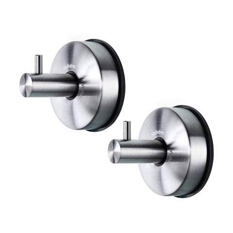 YOHOM stainless steel towel rack with vacuum suction on glass surface.
