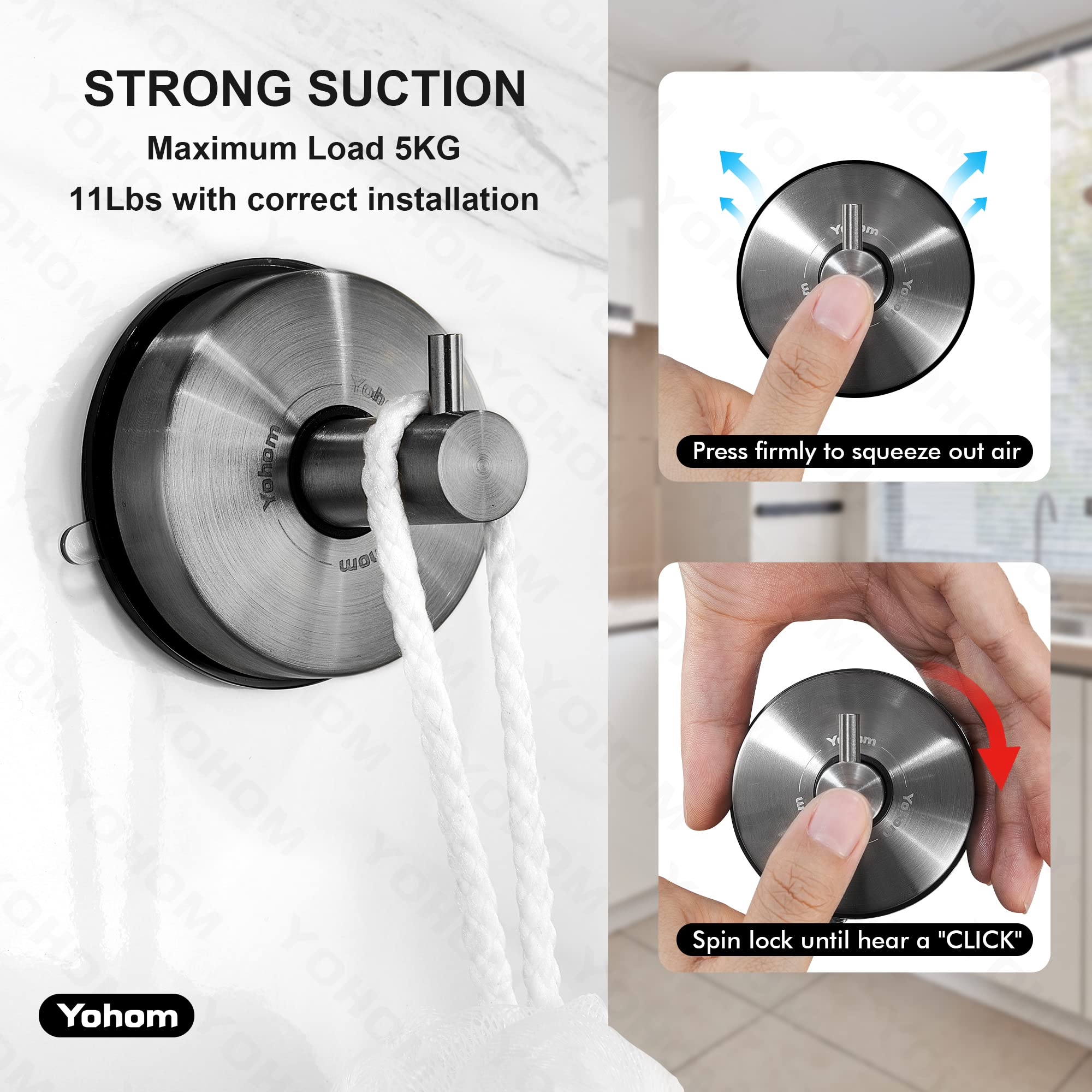 YOHOM stainless steel hook holds brushes and accessories without wall damage.