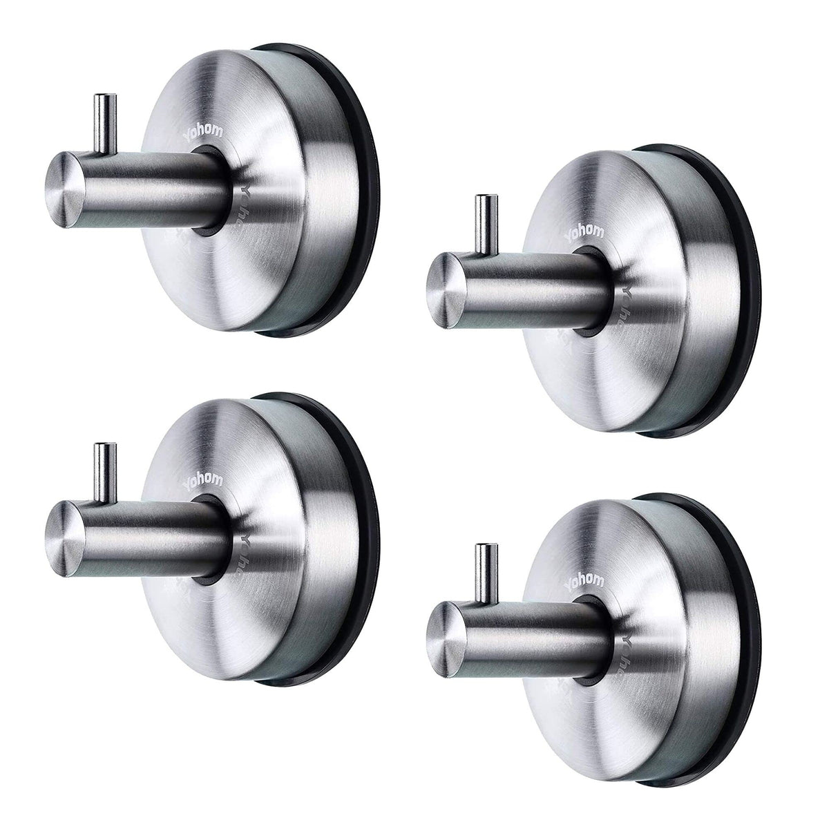 YOHOM vacuum suction hooks in brushed stainless steel for shower organization.