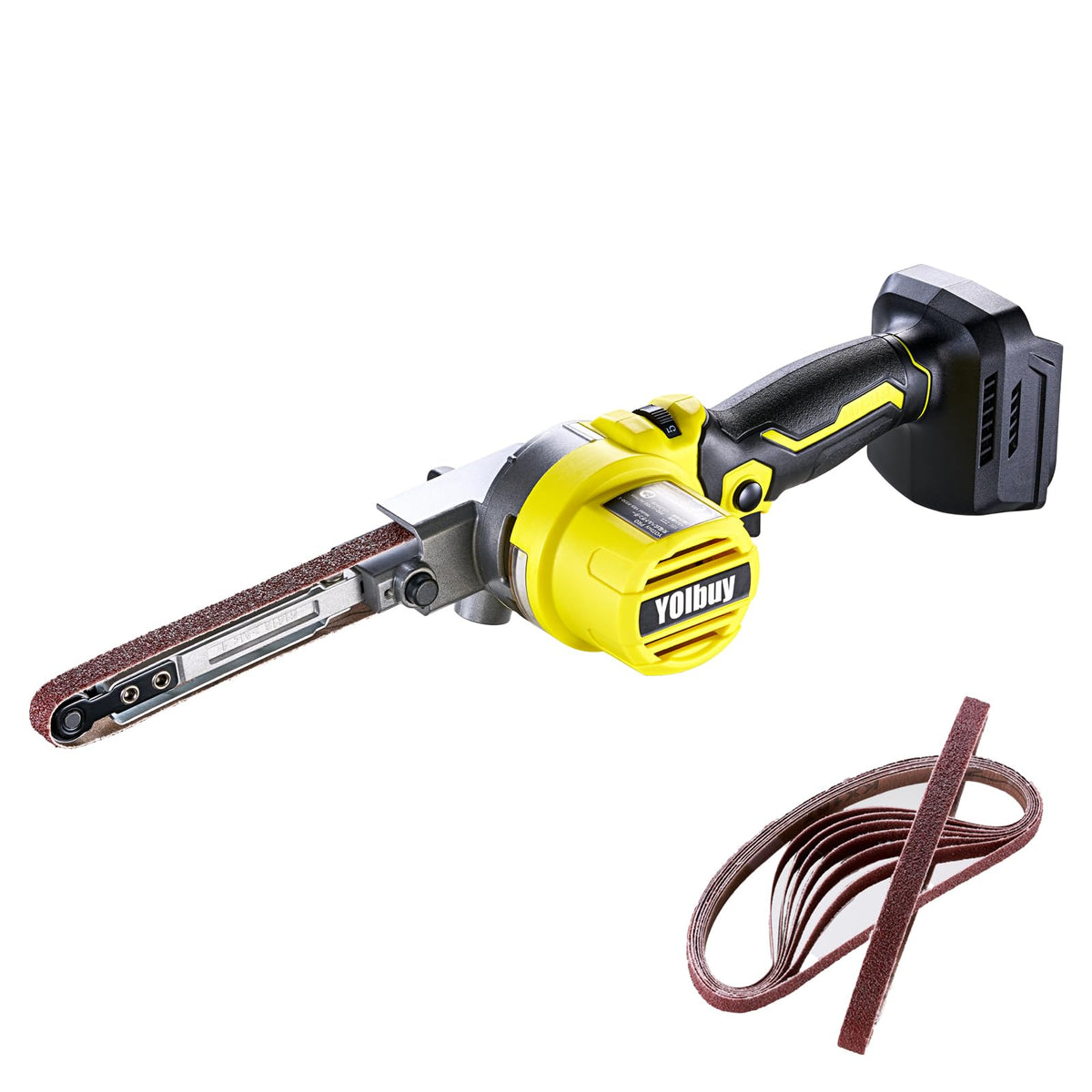 YOIbuy PRO cordless belt sander with 120° rotating arm for hard-to-reach spaces.