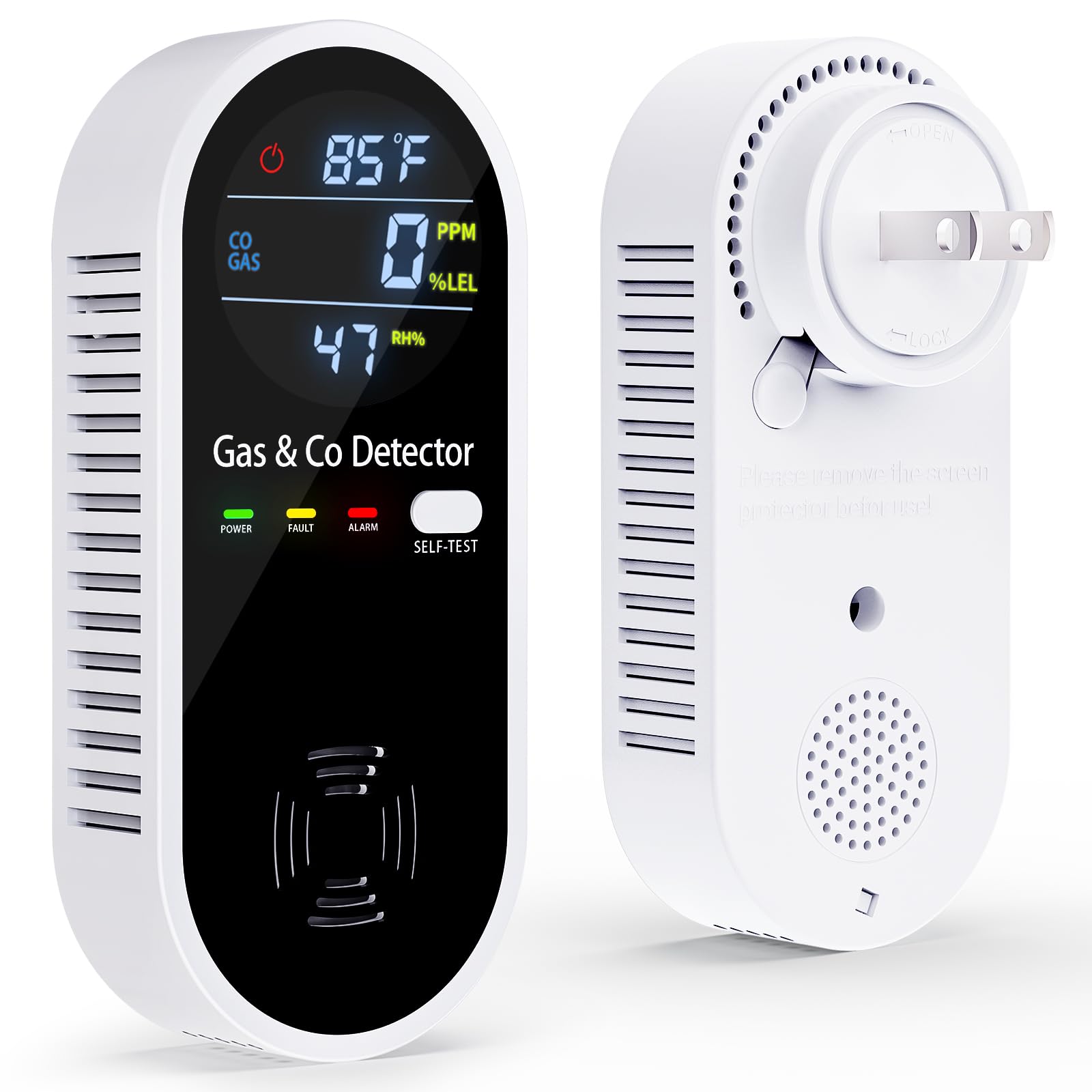 YOJOCK gas and CO detector front view shows plug-in design
