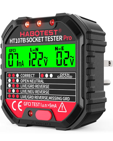 YOJOCK outlet tester with LCD display showing wiring and voltage status