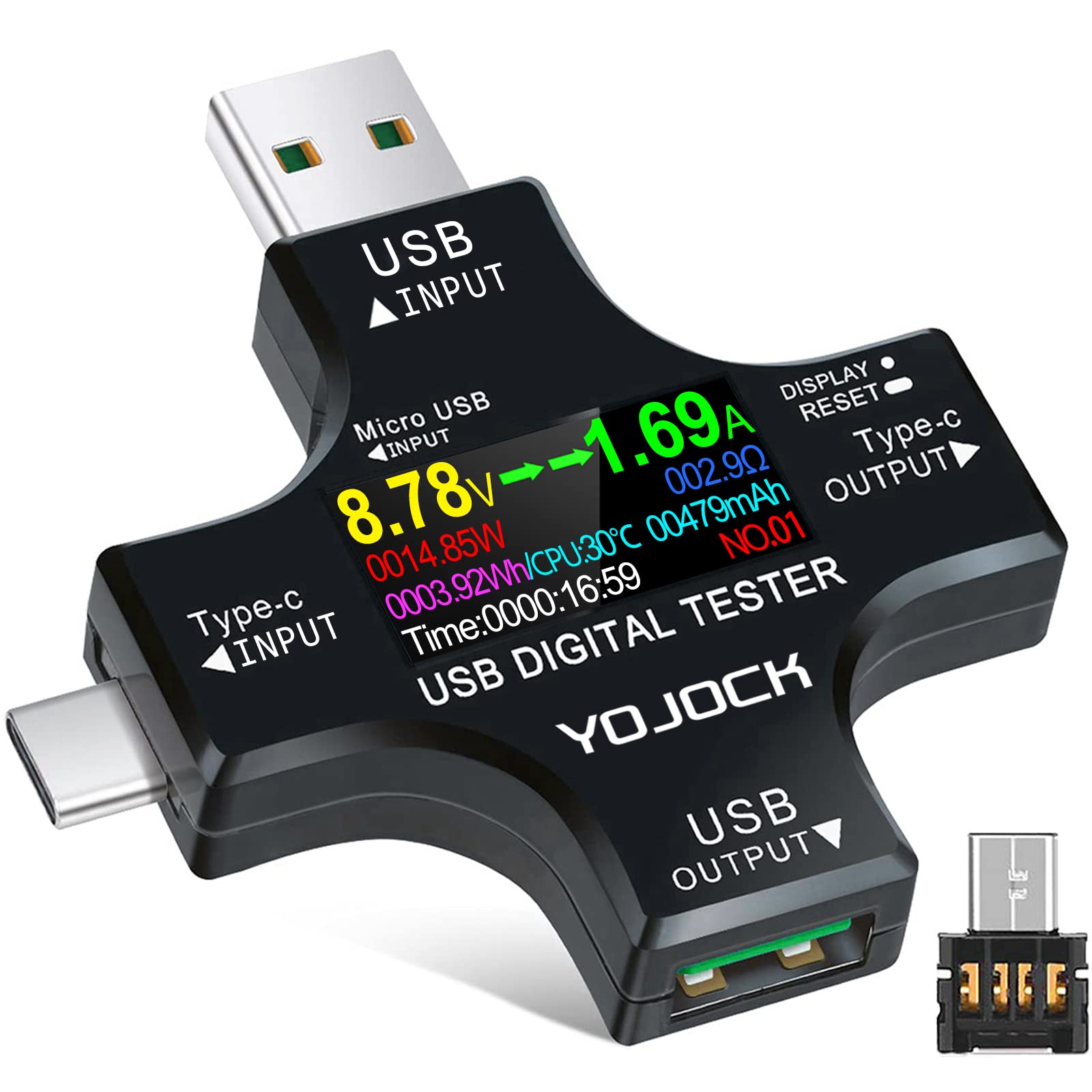 YOJOCK USB-C tester front view with color display showing voltage and current readings.