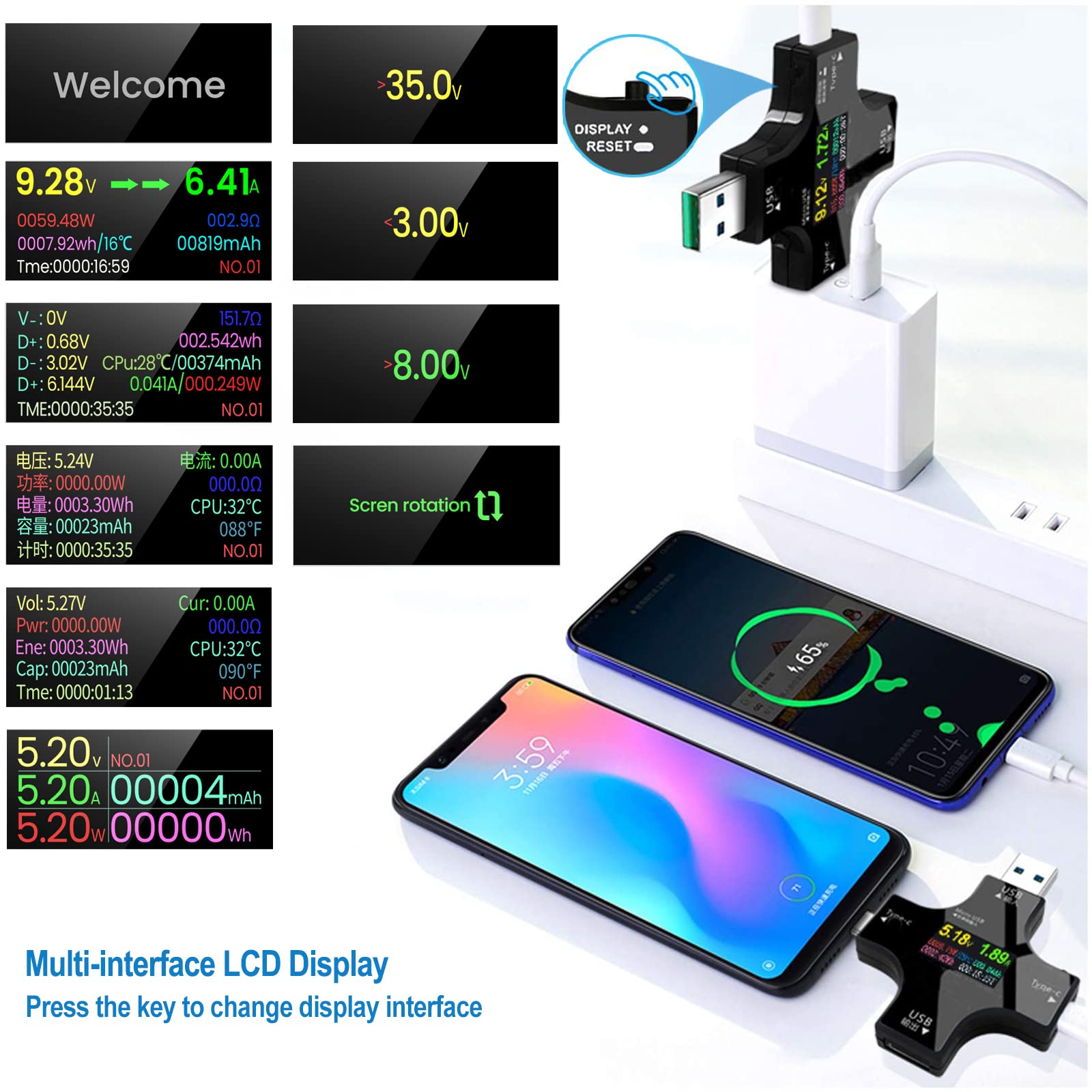 YOJOCK USB-C tester IPS color screen highlights easy glance at power data.