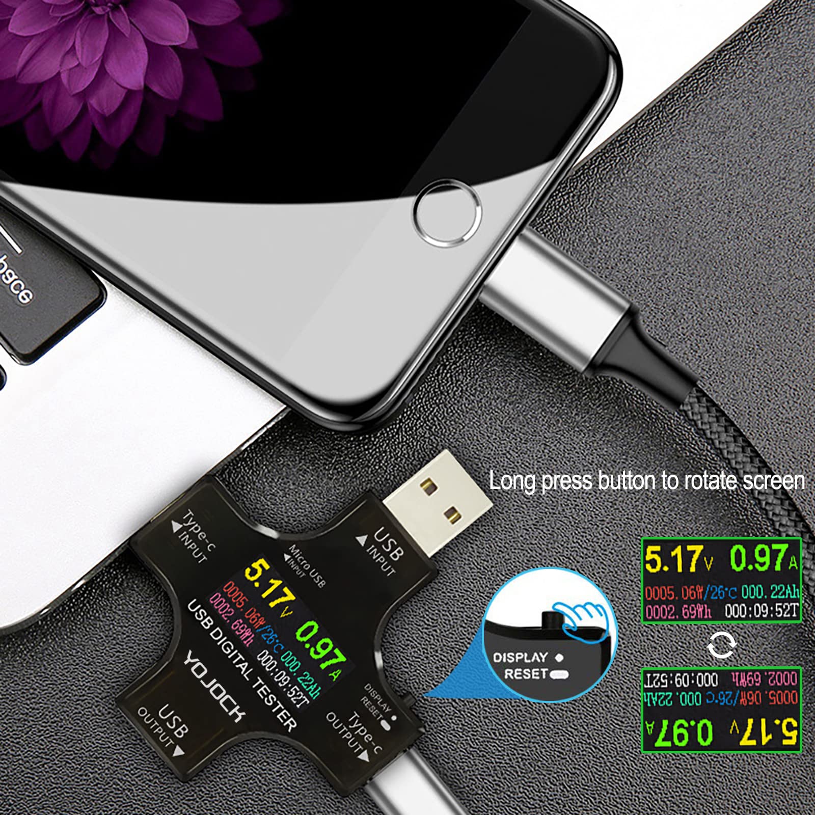 YOJOCK USB-C tester compatible with PD/QC and iPhone 13/Pro for quick verification.