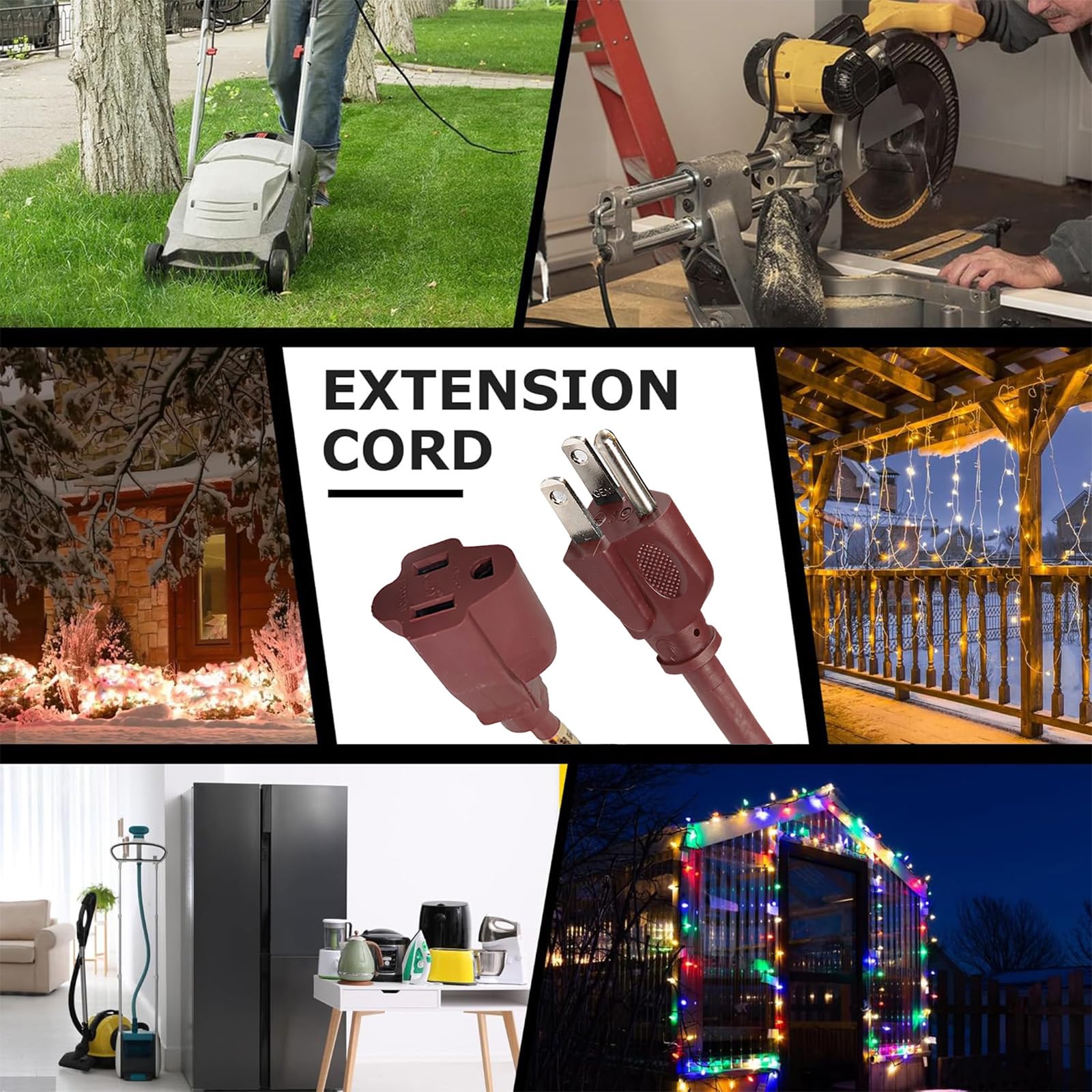 YoJoe 16-gauge extension cord powering outdoor tools and indoor appliances.