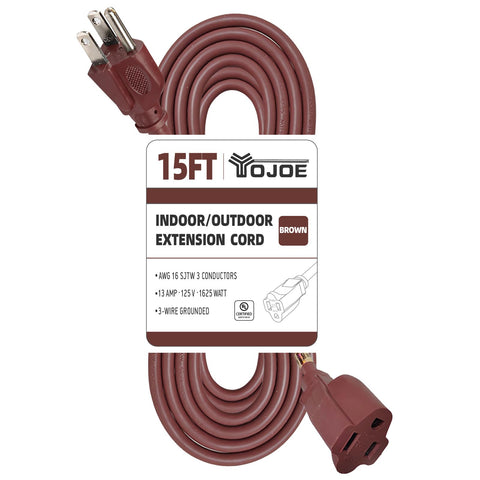YoJoe 15 ft brown extension cord with 3-prong grounded plug for versatile indoor and outdoor use.