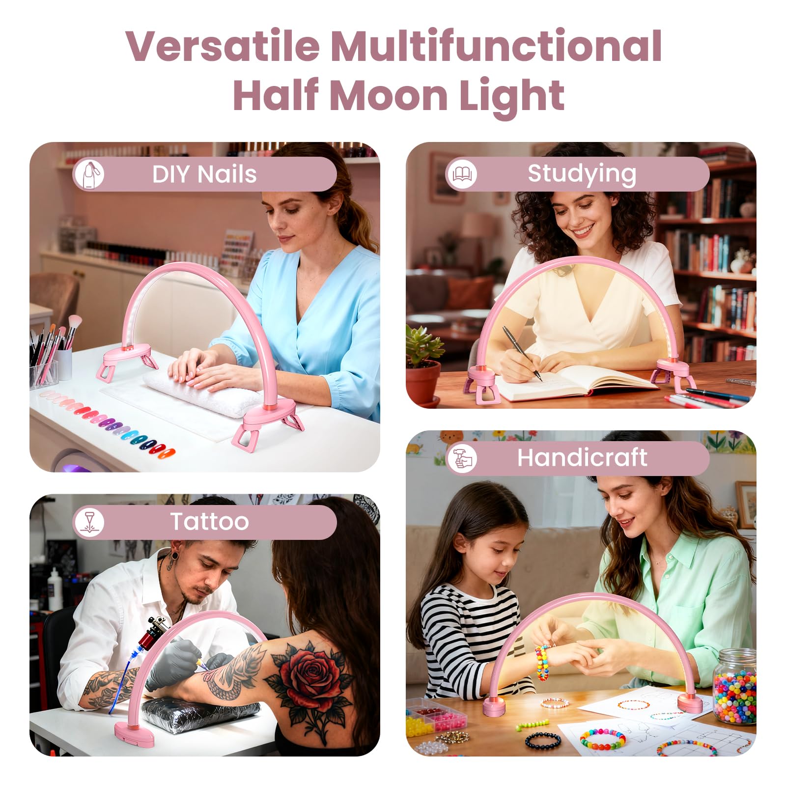 Yokilly Arc Half Moon Light provides shadow-free lighting for nail art sessions.