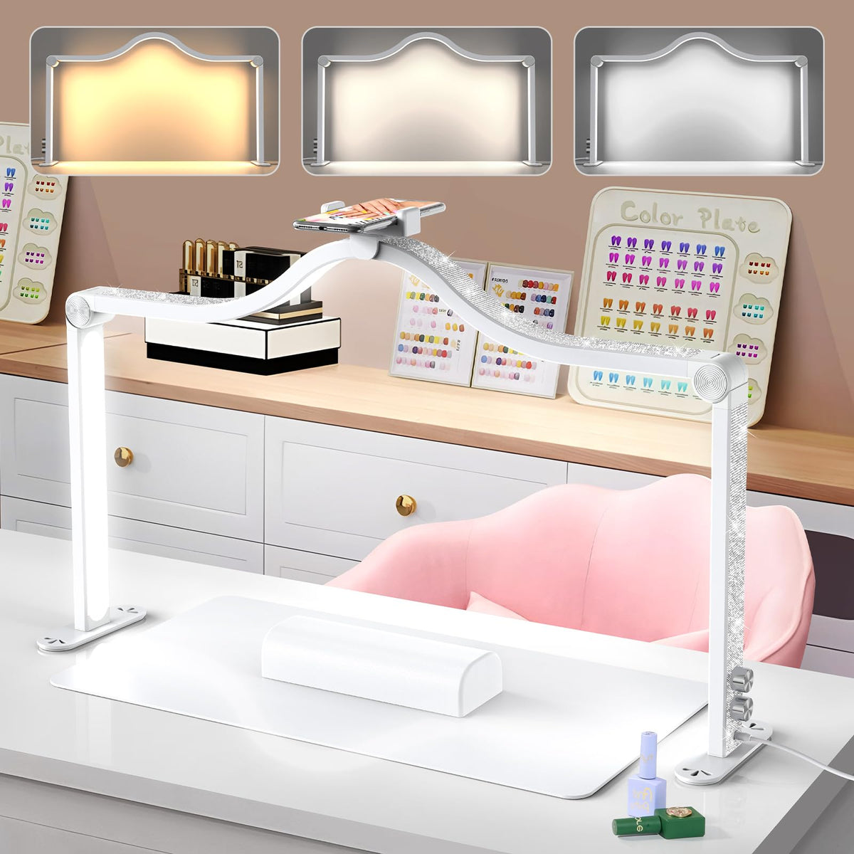Yokilly Arc Half Moon Light on the desk delivers clear illumination for detailed nail art.