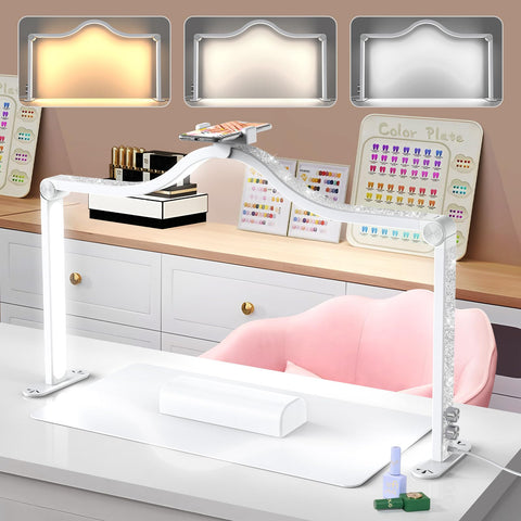 Yokilly Arc Half Moon Light on the desk delivers clear illumination for detailed nail art.