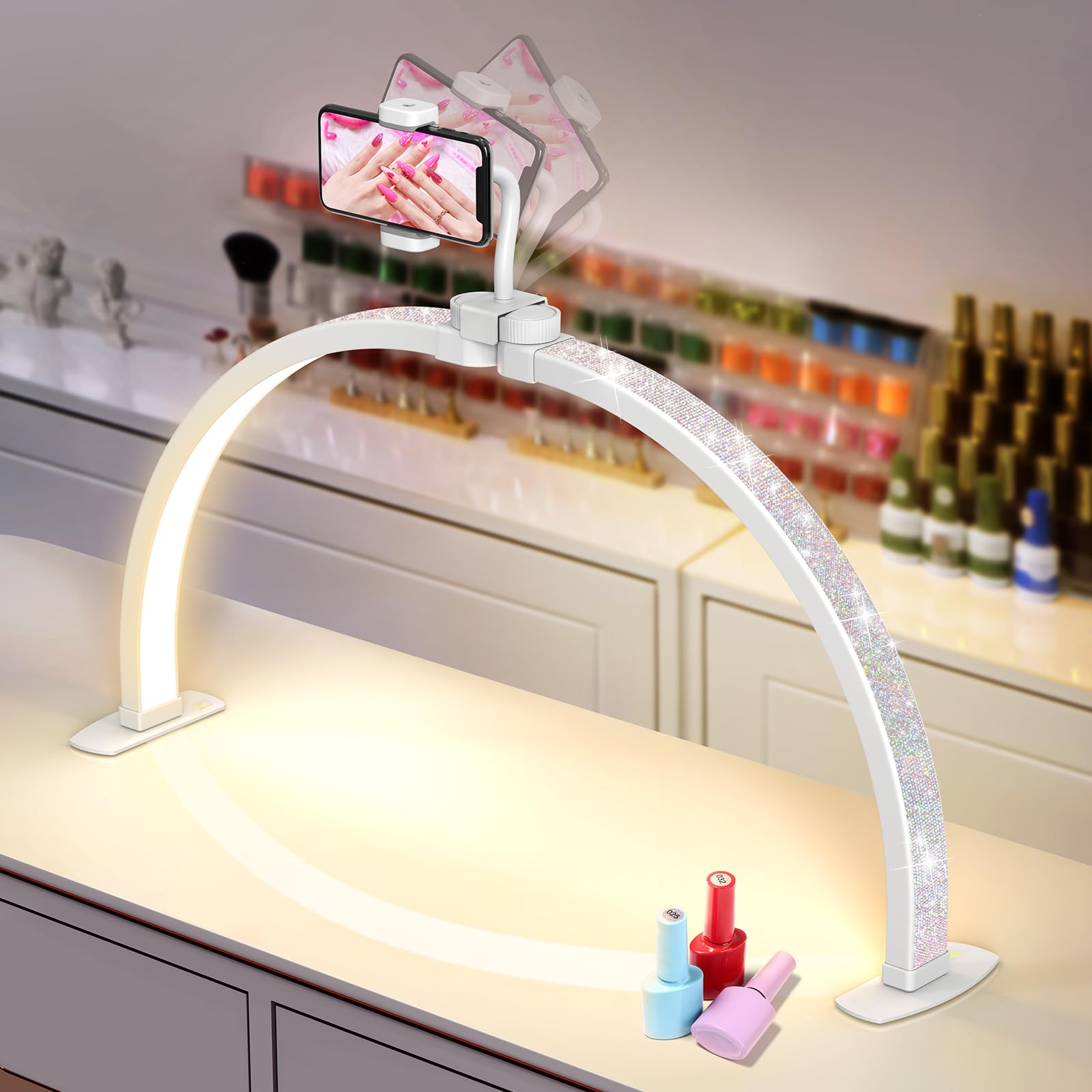 Yokilly Half Moon Light for nail desk arc lamp shows shadow-free, precise illumination for detailed nail art.