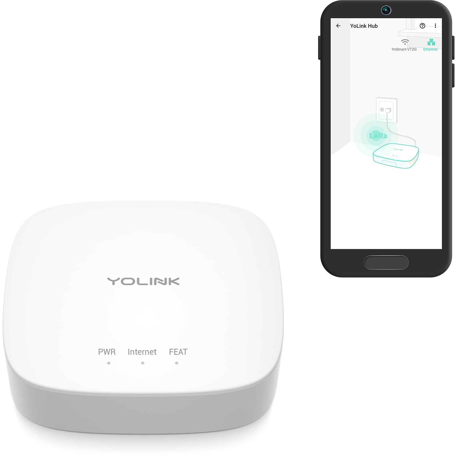 YoLink Hub front view showing a compact white hub for seamless home integration.
