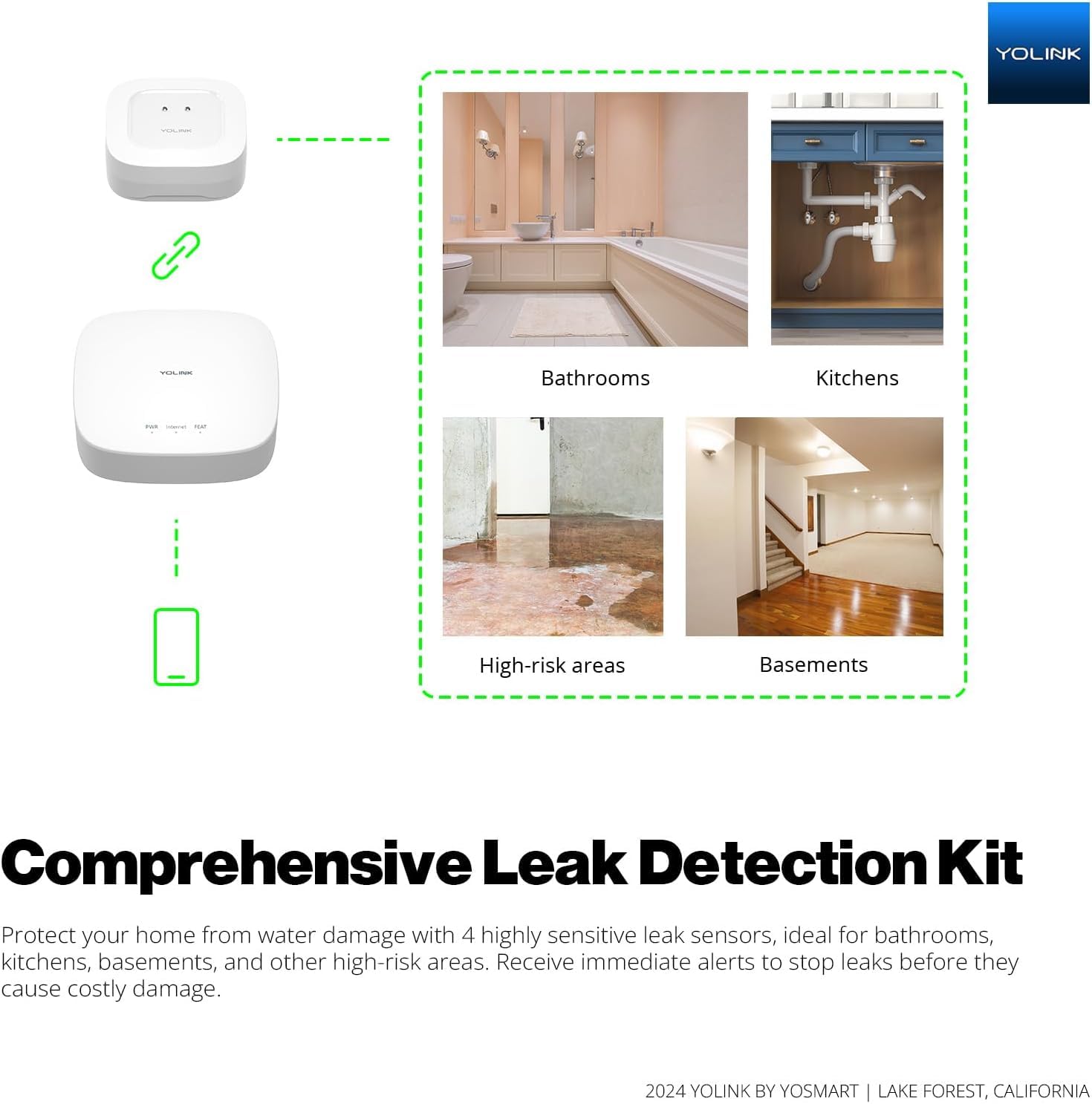 YoLink Leak Sensor 1 unit detects moisture silently for discreet alerts.