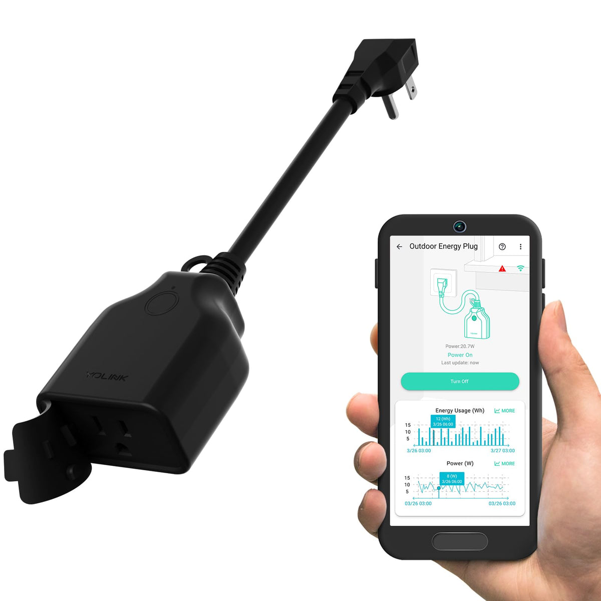 YoLink outdoor energy plug front view powers high-demand devices outdoors with reliability.