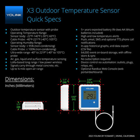 YoLink outdoor temp monitor highlighting 5-year battery life.