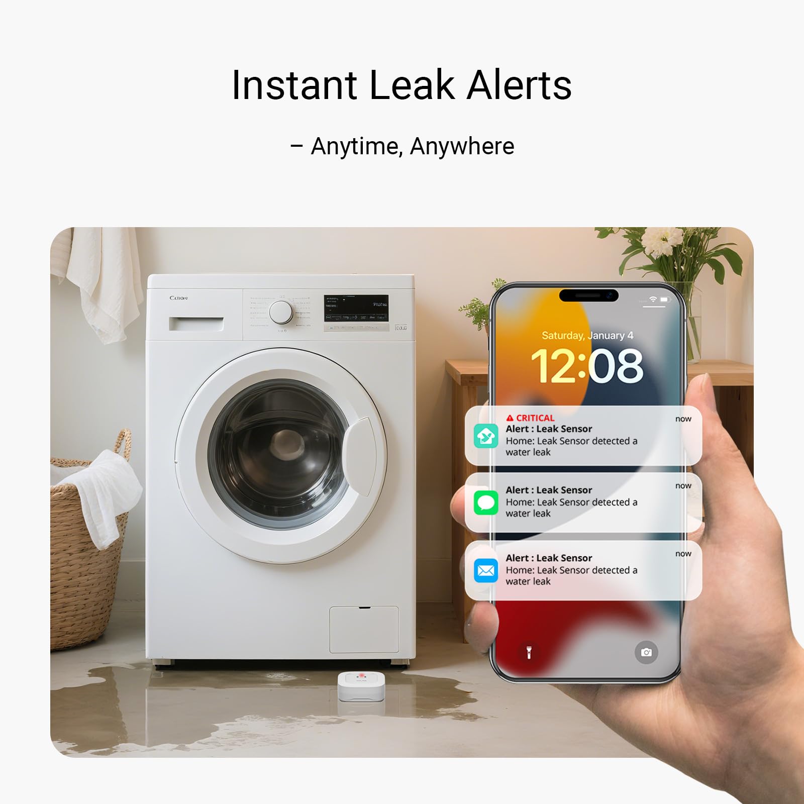 YoLink Leak Sensor 1 remains silent for discreet placement and flexible alerts.
