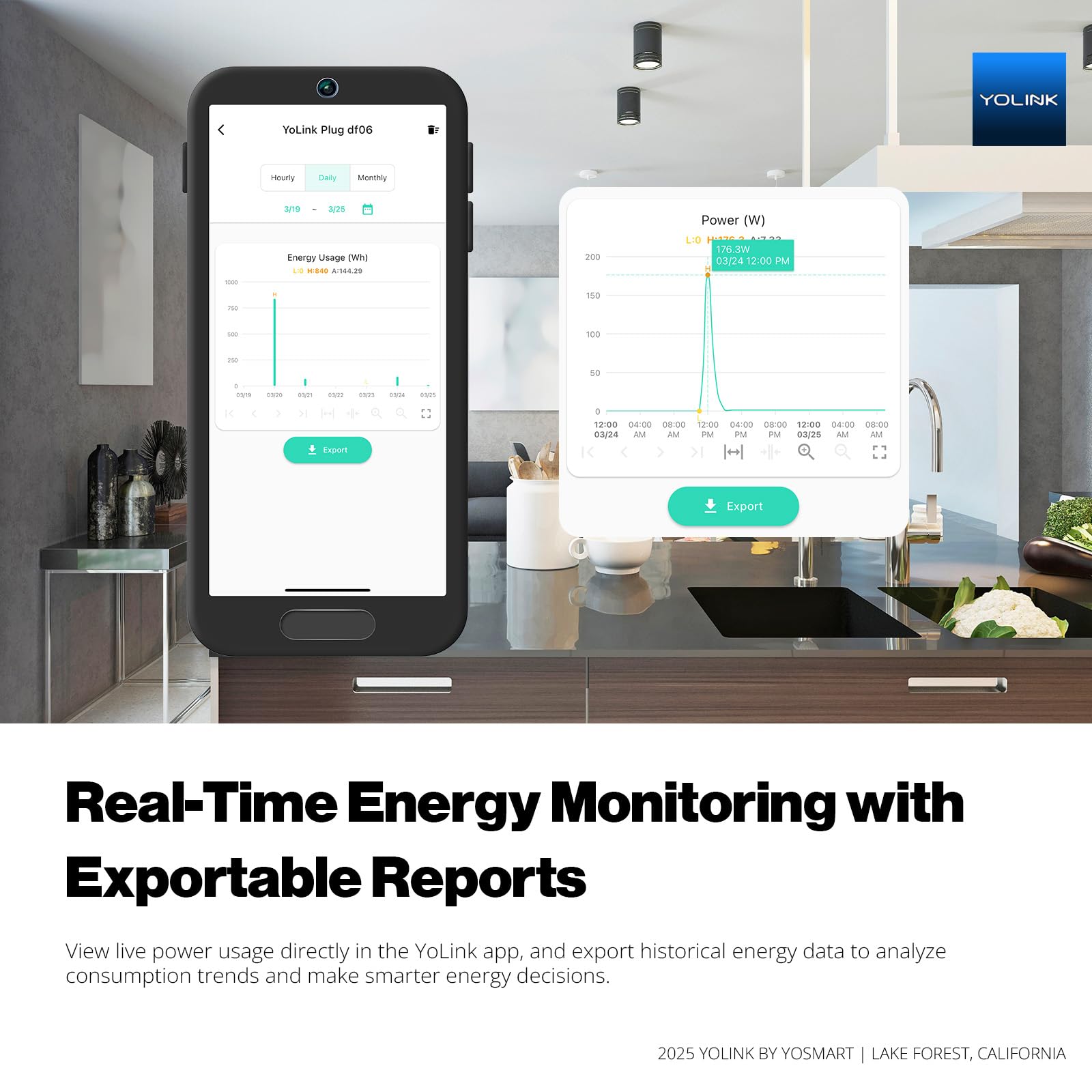 YoLink Smart Energy Plug energy monitoring with exportable reports for analysis