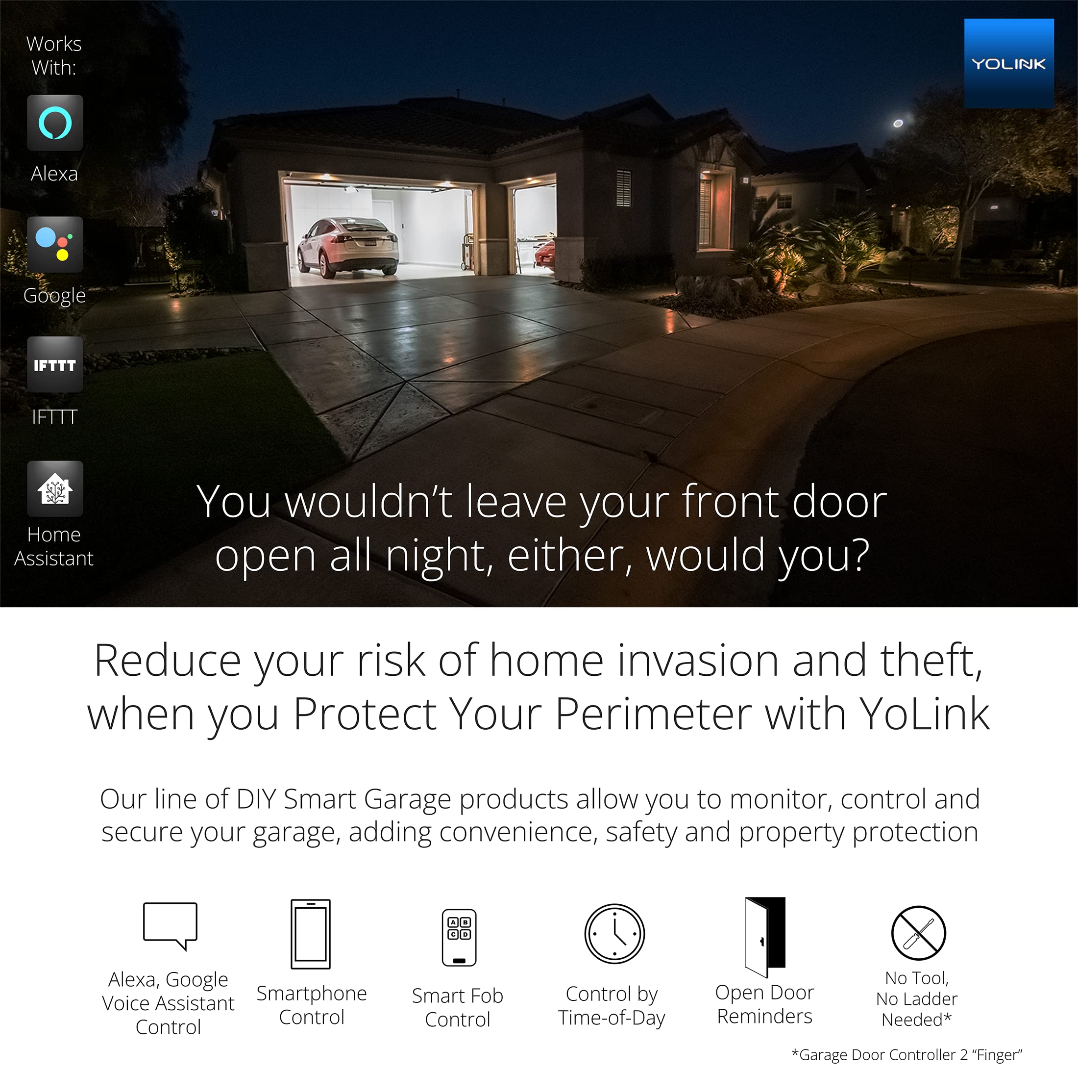 YoLink door-left-open-reminder status is visible for ongoing protection