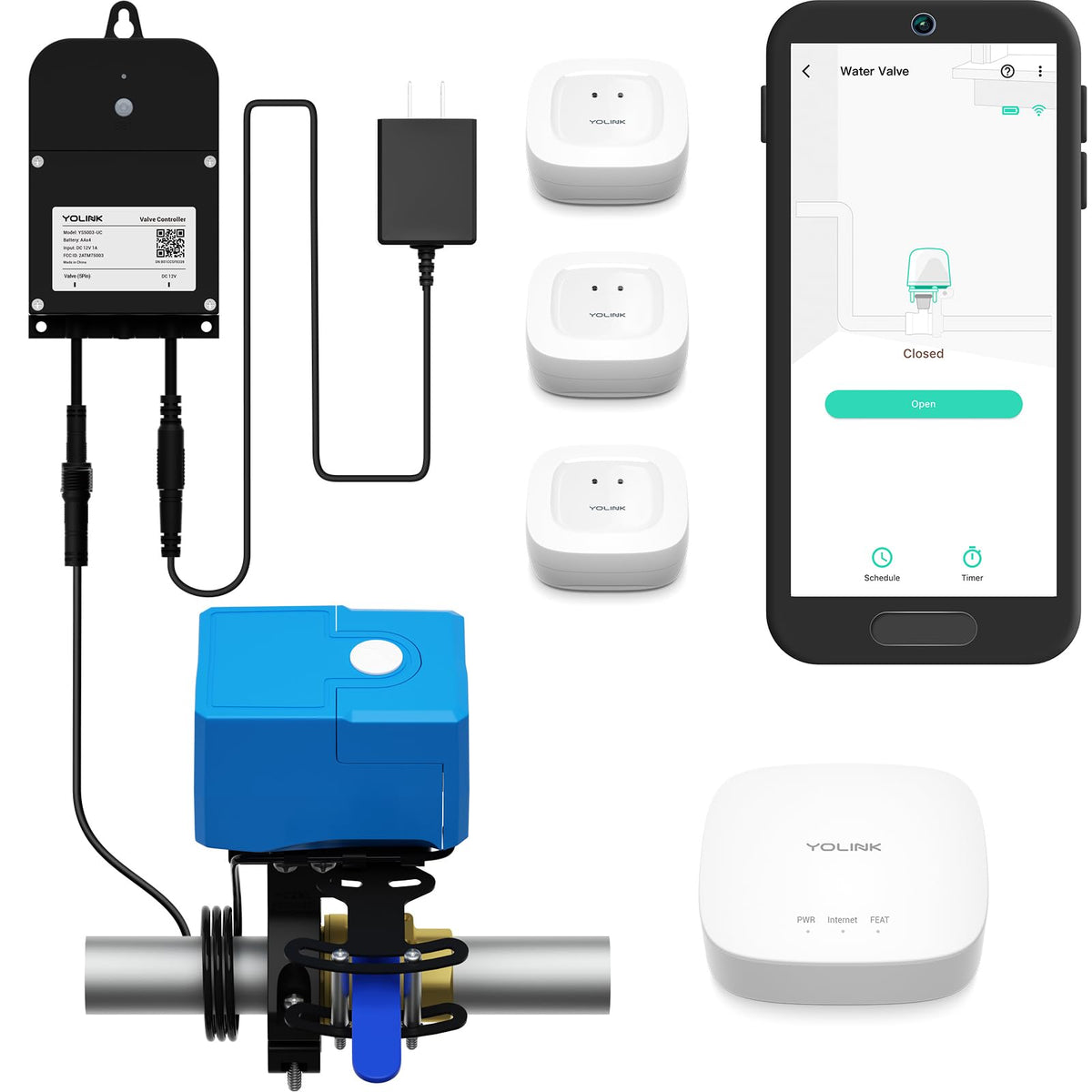 YoLink Bulldog Valve Robot shown with leak kit for automatic water shut-off
