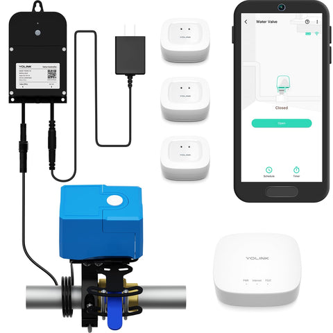 YoLink Bulldog Valve Robot shown with leak kit for automatic water shut-off
