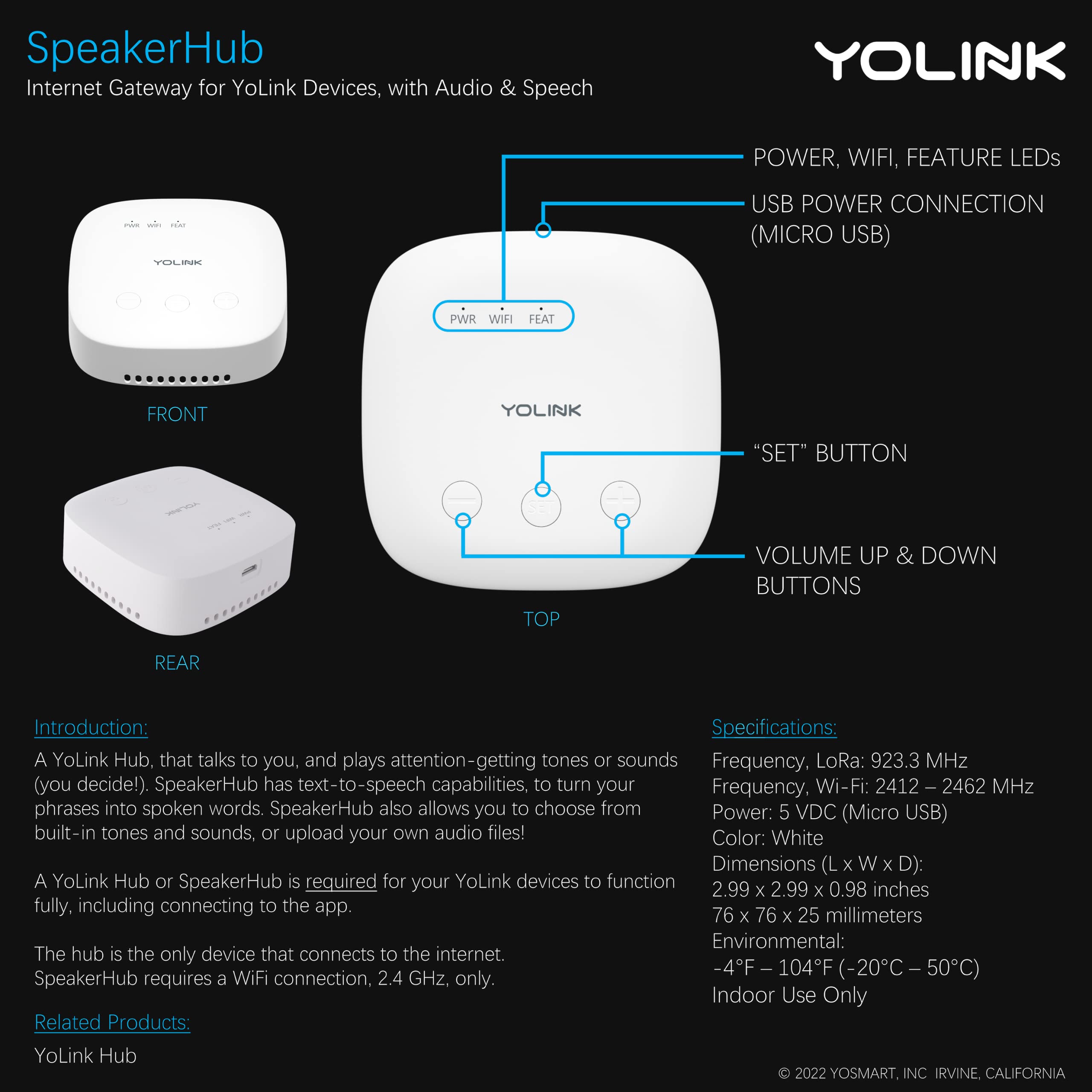 YoLink SpeakerHub mail announcer announces arrivals with a spoken notification.