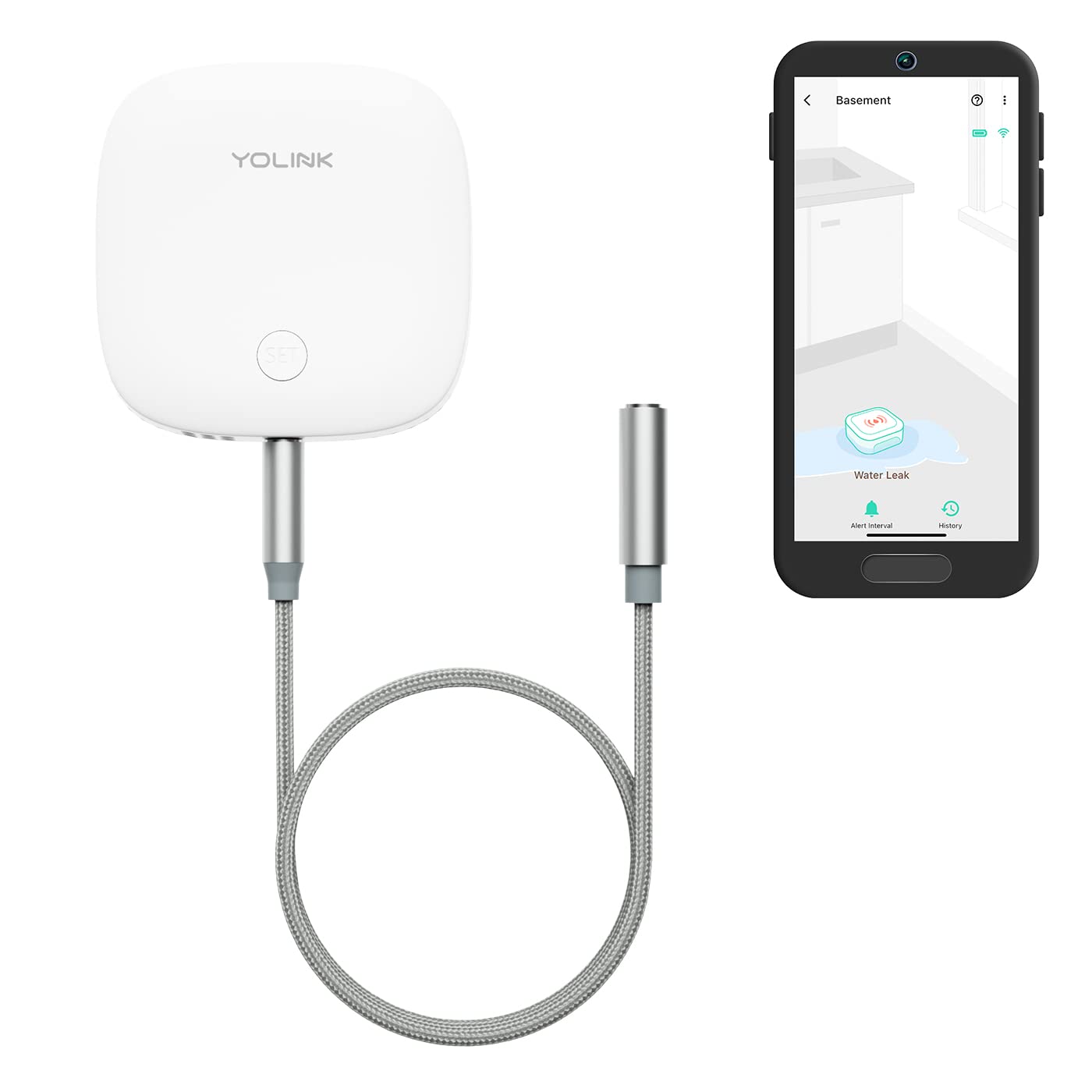 YoLink Water Leak Sensor base unit showing long-range capability for remote detection