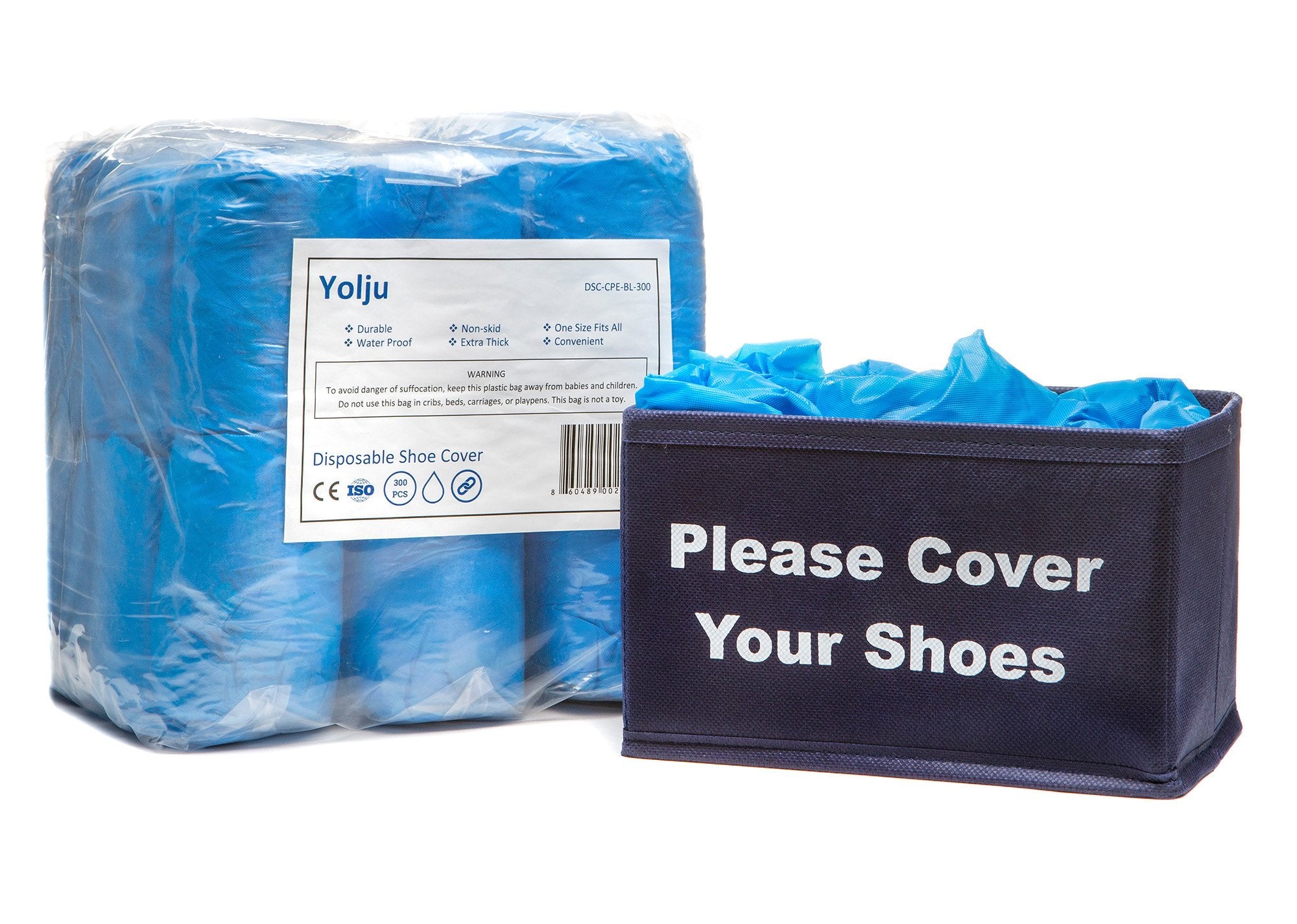 Yolju 300-pack disposable shoe covers in blue protecting floors during real estate tours.