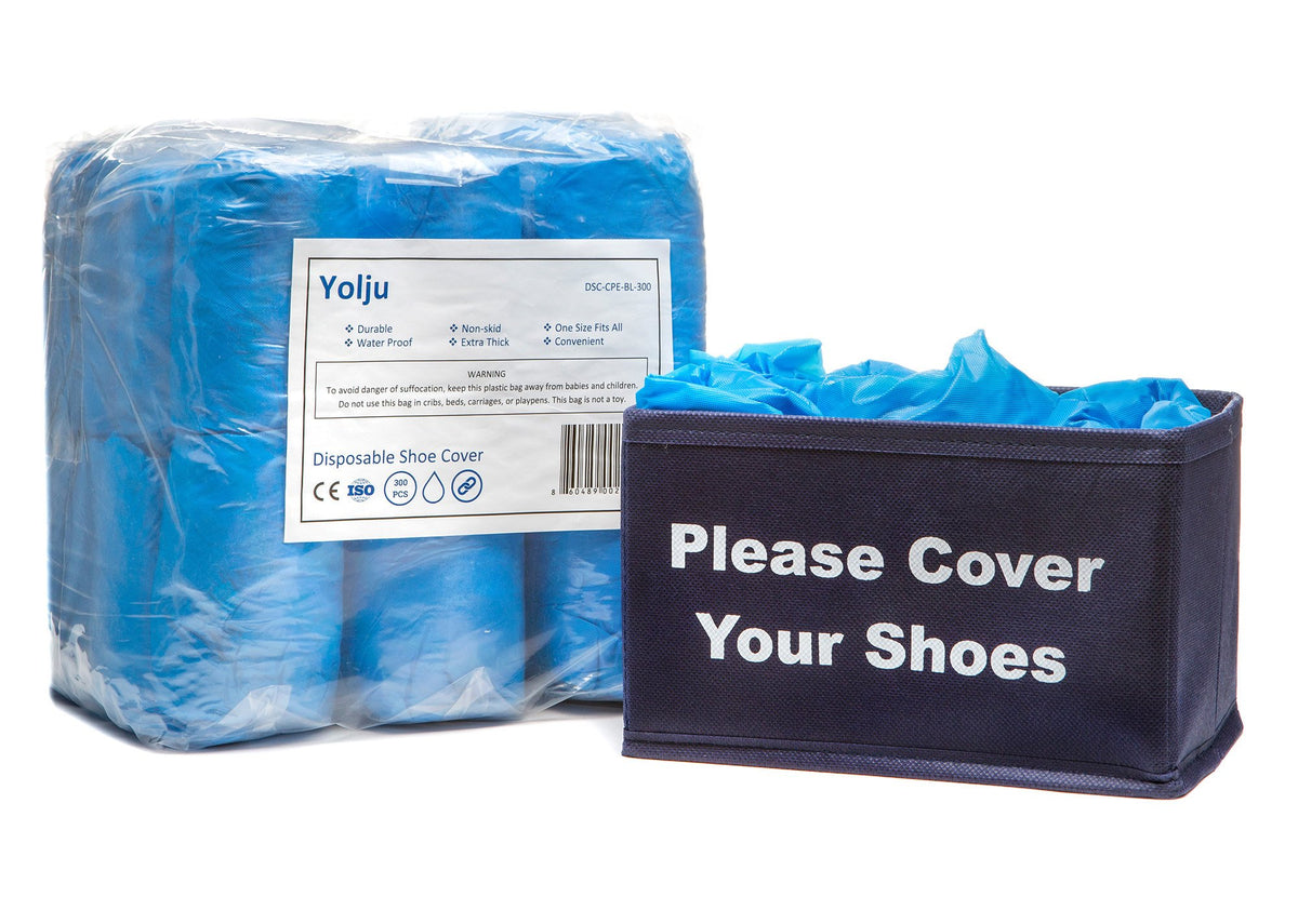 Yolju 300-pack disposable shoe covers in blue protecting floors during real estate tours.