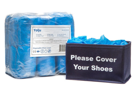Yolju 300-pack disposable shoe covers in blue protecting floors during real estate tours.