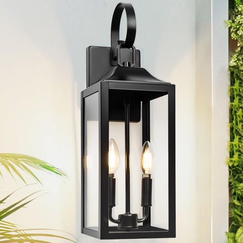 Yolsunes 19-inch black outdoor wall lantern with two lights for bright entry illumination.
