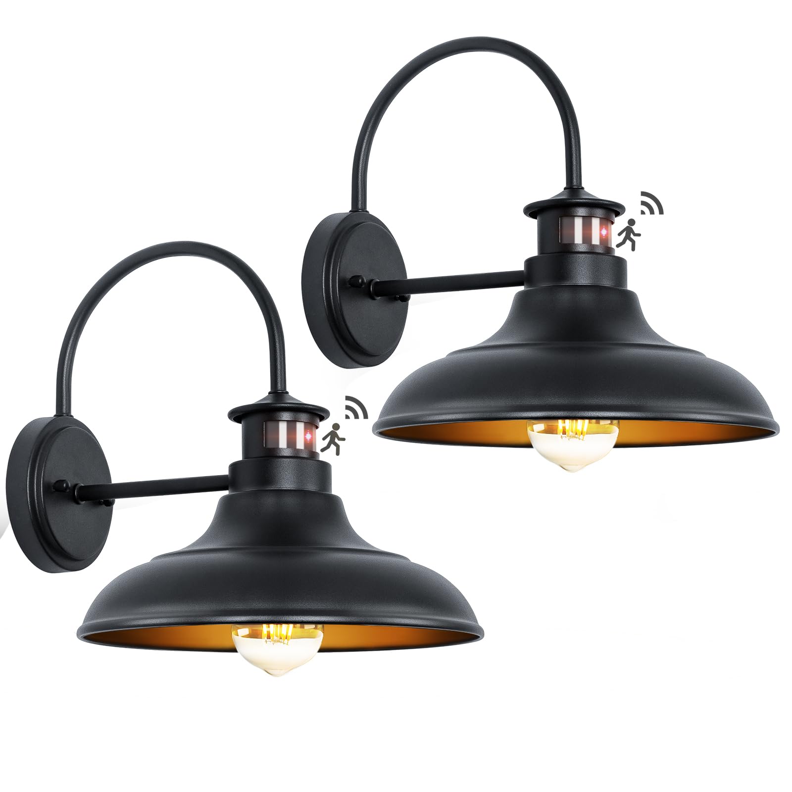 Yolsunes motion sensor barn light, front view, 12-inch gooseneck for reliable doorway lighting.