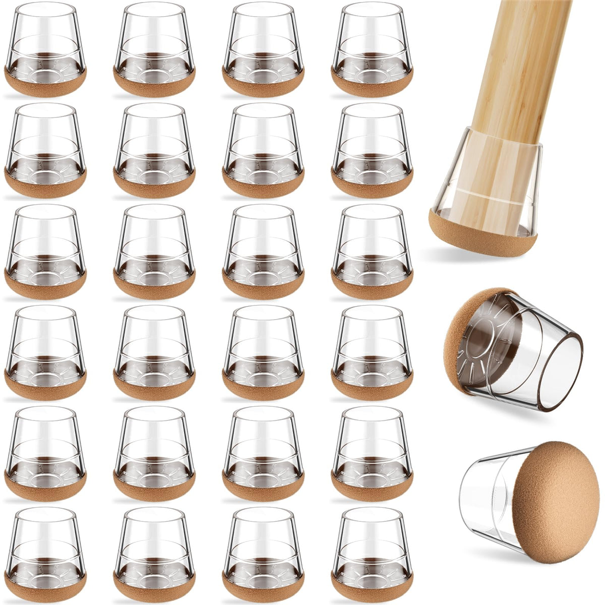 Yomanta chair leg protectors in clear caps with felt for scratch-free hardwood floors.