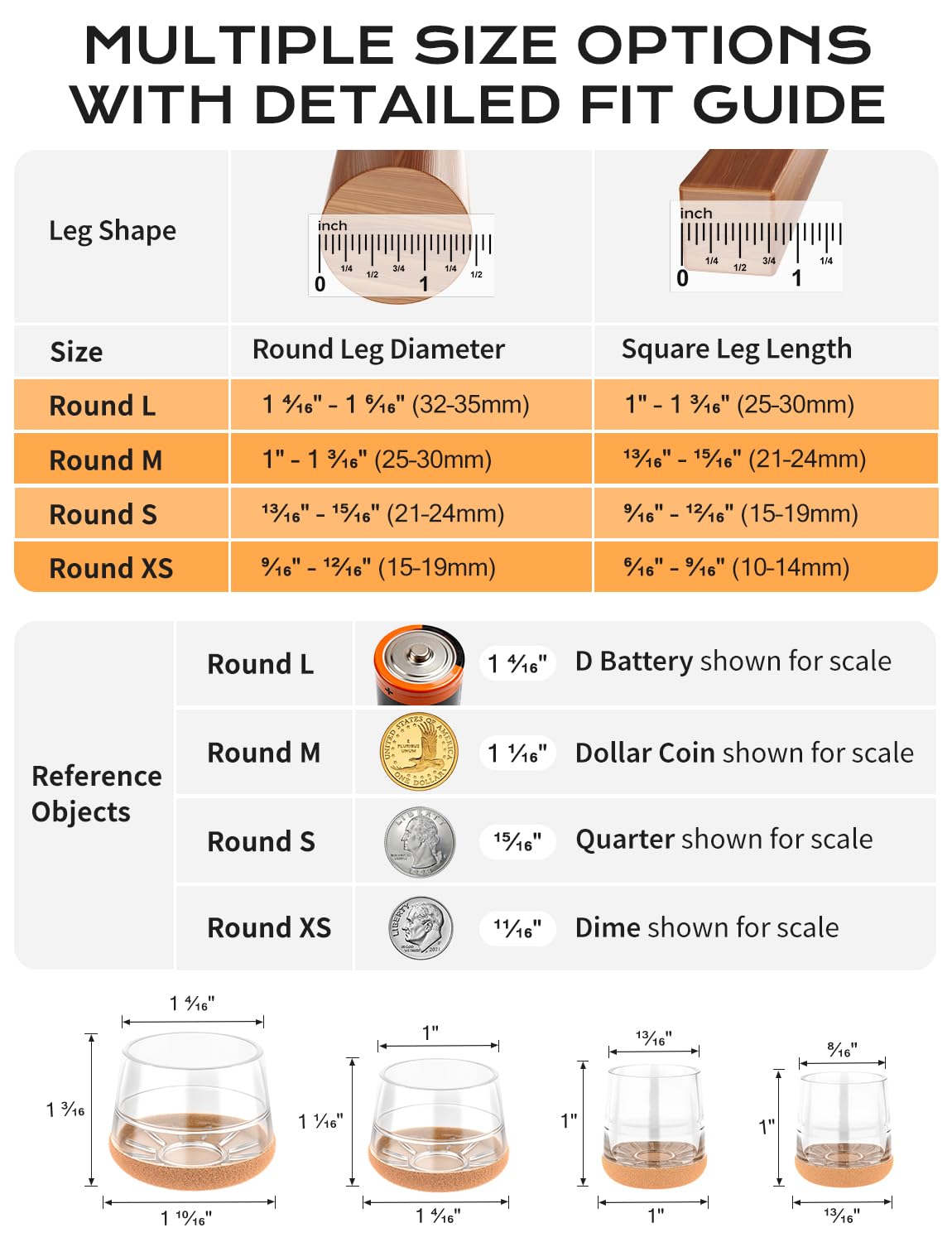 Yomanta stretch-fit silicone caps covering round and square chair legs for secure fit.