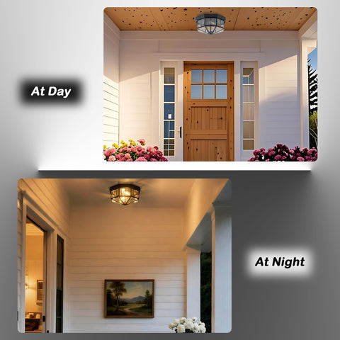 Yonaveil flush mount porch light creates ambient patio lighting.
