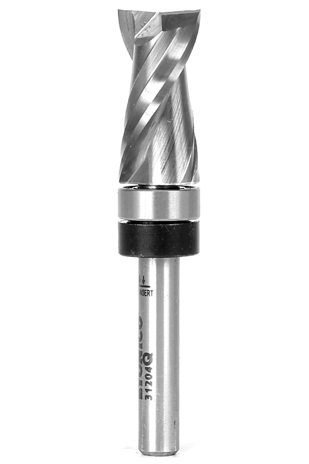 Yonico flush-trim router bit with top bearing for precise end-grain trim in any direction.